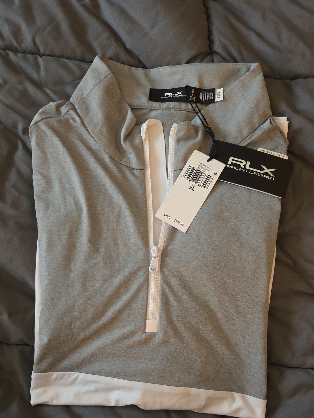 RLX Ralph Lauren Men's Light Gray and White Half-Zip Performance Polo